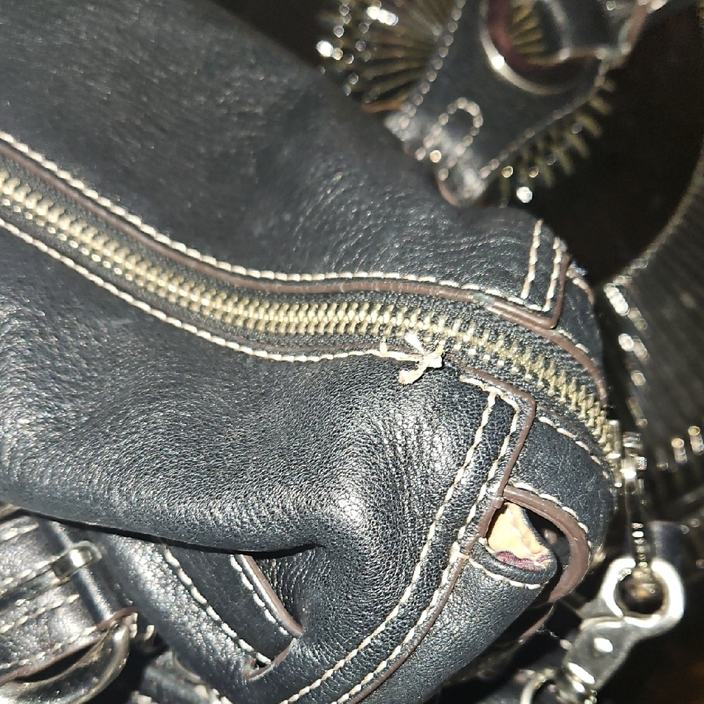 b. makowsky Black Leather Shoulder Bag, Heavy Silver Hardware&White Stitching - Picture 9 of 16